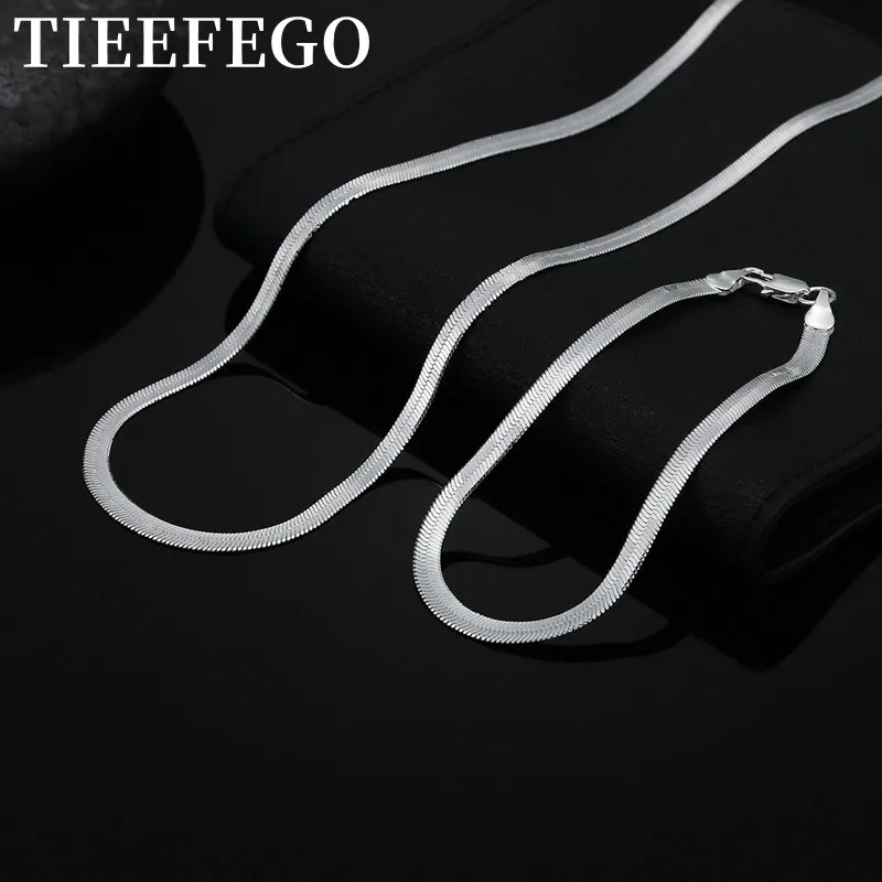 

TIEEFEGO 925 Sterling Silver 4MM Flat Chain Bracelets Neckalce Set For Women Fashion Party Wedding Noble Jewelry Sets Gifts