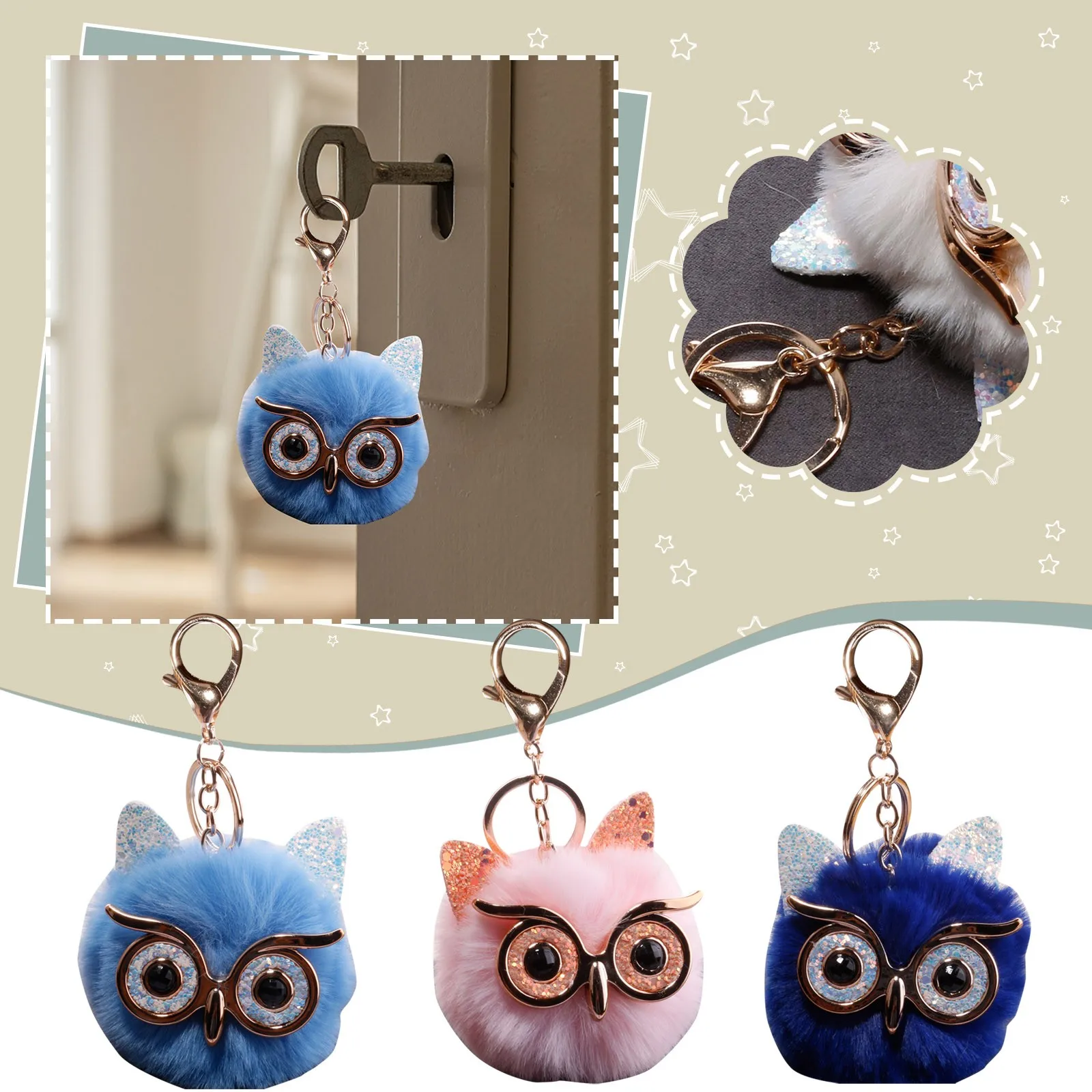 Cartoon Plush Owl Keychain With Sequin Girls Backpack Ornaments Fashion Soft Fluffy Pompom Animal Key Rings For Grils Gifts Cute