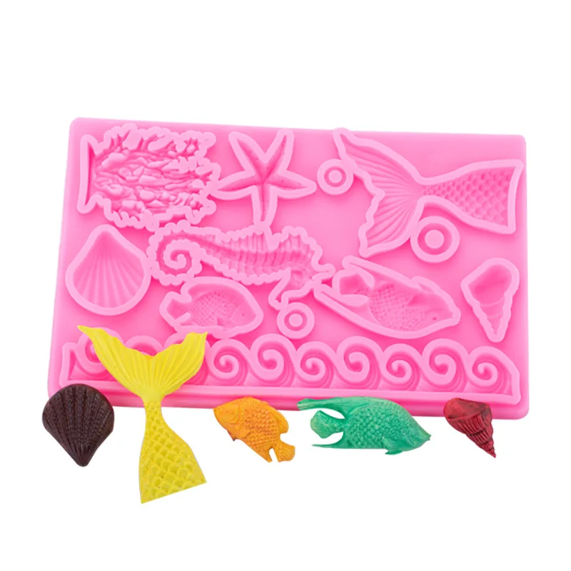 

Ocean series conch shell sea wave seahorse coral fish tail starfish fondant cake mousse decoration silicone mold