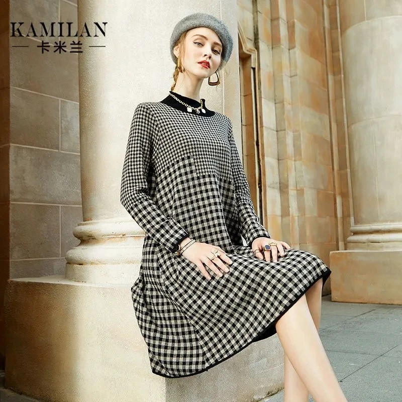 

Autumn and Winter 2022 Woolen Knitwear Long Sleeve Plaid Jacquard Long Dress Sweater O Neck Warm Women's Knitted Dress