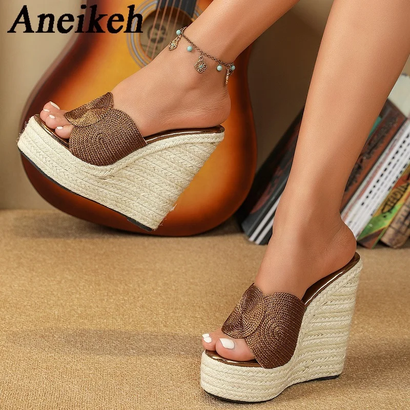 

Aneikeh2024 Summer Platform Braid Slippers Women's Fashion Viscose Appliques Peep Toe Wedges Sandals Party Wedding Zapatos Mules