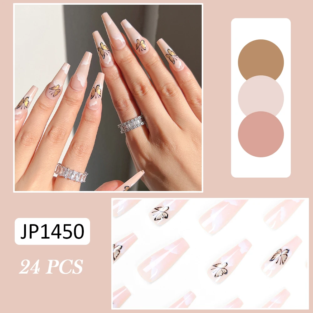 

24PCS Butterfly Print Artificial Nails French Manicure Nail Long Press On Nails with Jelly Gel/Glue Finished Nails Piece MH88