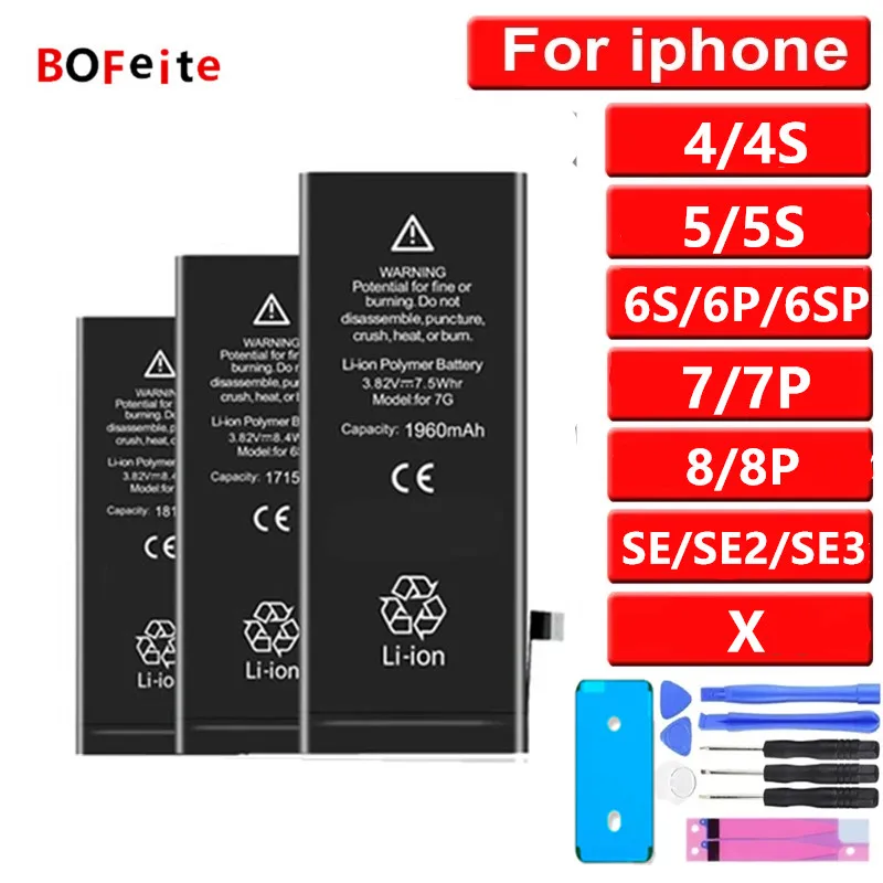 

2023 Original Zero-cycle Battery For iPhone 4 4S 5 6 6S 5S SE 7 8 Plus X Mobile Phone Replacement Bateria With Free Tools