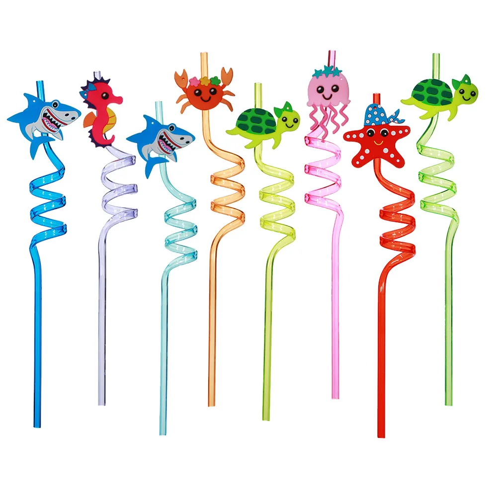 

Shark Straws Under The Sea Party Reusable Drinking Straw Kids Shark Themed Party Supplies Plastic Favors 8pcs Sea Animal Straws