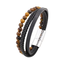 2022 brand new genuine leather mens bracelet 6mm natural stone beaded cross bracelet fashion jewelry birthday gift