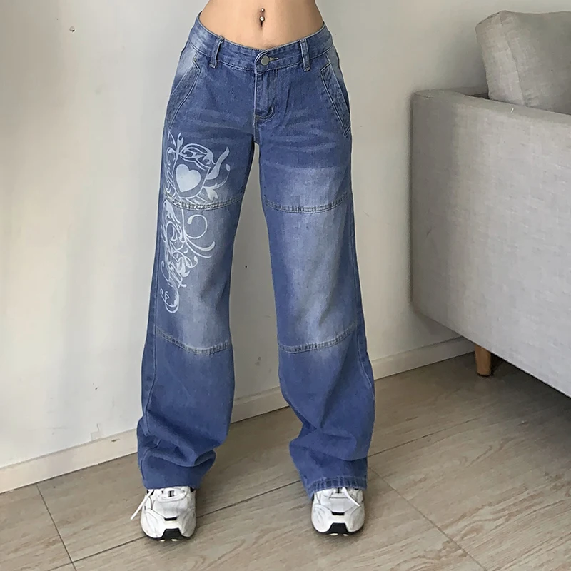 

Blue Vintage Gothic Y2K Jeans Low Rise Hip Hop Punk Trousers Print Baggy Casual Wide Leg Denim Aesthetic Women Cargo Pants Black