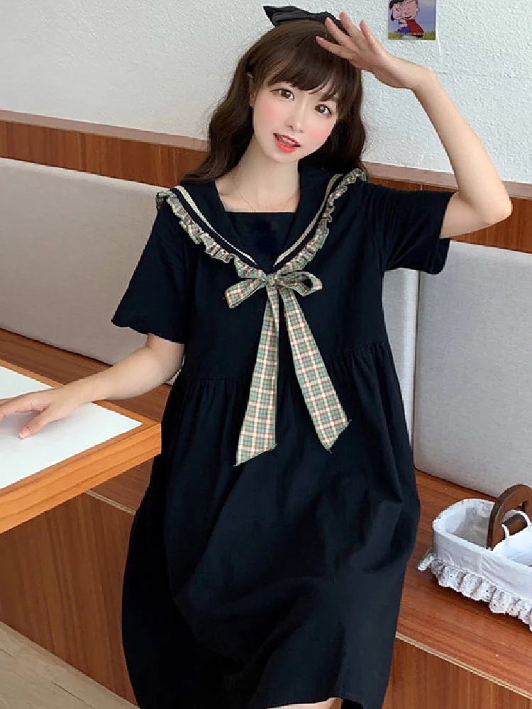 

2022 Summer Japanese Harajuku Women Black Dress Sailor Collar Bow Baggy Dress Short Sleeve Preppy Style Student'S Dresses Female