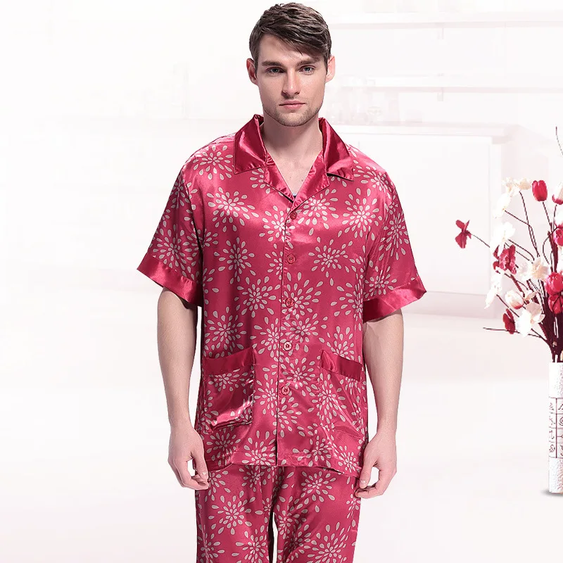 Short Sleeves Satin Pajamas Raindrops Printed Silk Pajamas for Men Silk Pyjama Set Men Sleepwear Home Suit Dropshipping