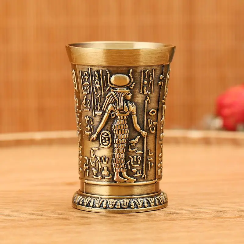 30ML Vintage Metal Egyptian Wine Glass Pharaoh Tut Engraving Goblet Metal Cocktail Whiskey Bar Cup Water Glass Bar Home Decor images - 6