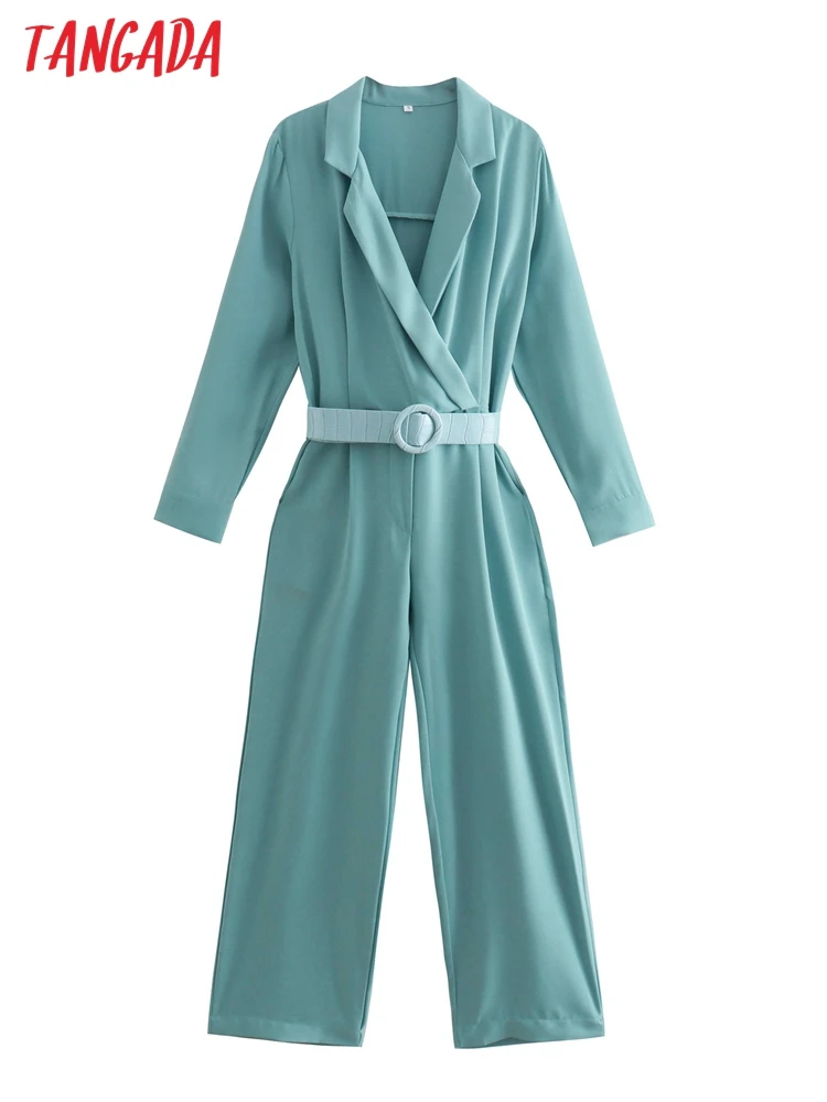 

Tangada Women Solid Long Jumpsuit with Belt Long Sleeve Pocket Female Casual Jumpsuit QJ71
