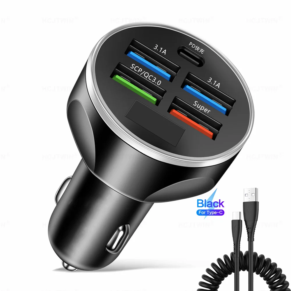 

Support Super Fast Charging 5 in 1 Multi Port with Digital Display Car Charger Voltage One Tow Five Orange USB Support+Type-c Sp