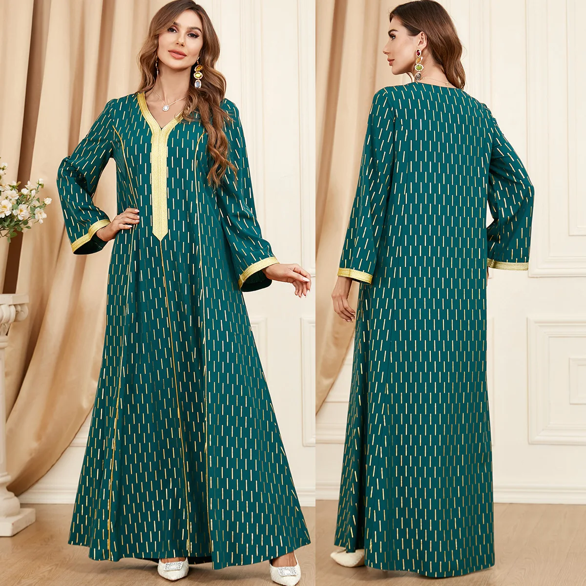 

Green Dubai Abaya V Neck Arabic Dress Loose Ramadan Eid Muslim Woman Clothing Party Evening Saudi Jalabiyat Kaftan Islam