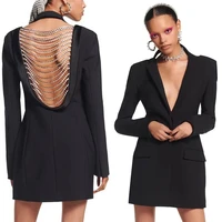 backless chain black blazers buttons sexy slim notched long sleeve coats female 2022 spring fashion women clothing