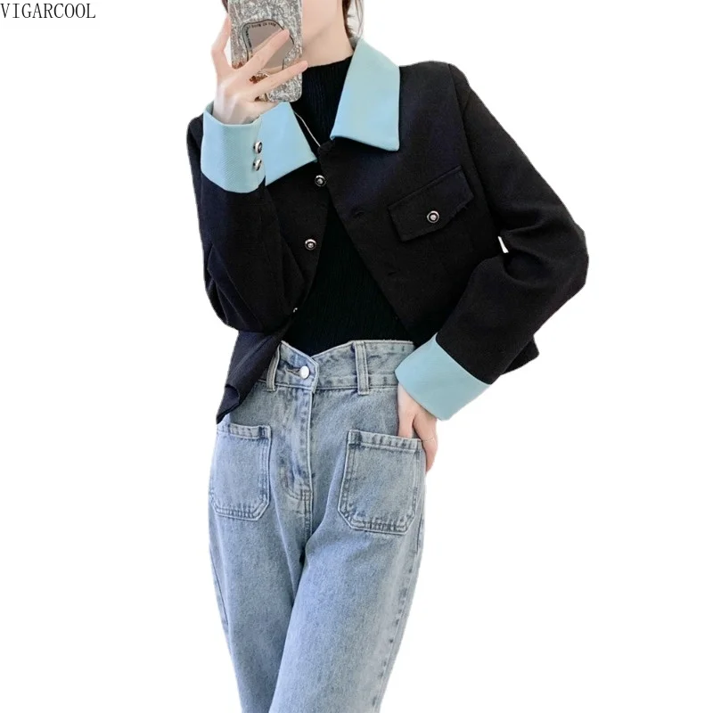 

Контрастное короткое пальто с воротником-поло в стиле знаменитостей для весны и осени, новый темпераментный нишевый Топ высокого качества и с эффектом сенсации