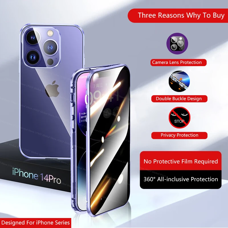 Double Sided Glass Anti-Peeping Privacy Metal Magnetic Buckle Case For iPhone 14 13 11 12 Pro Max With Camera Lens Protect Cover