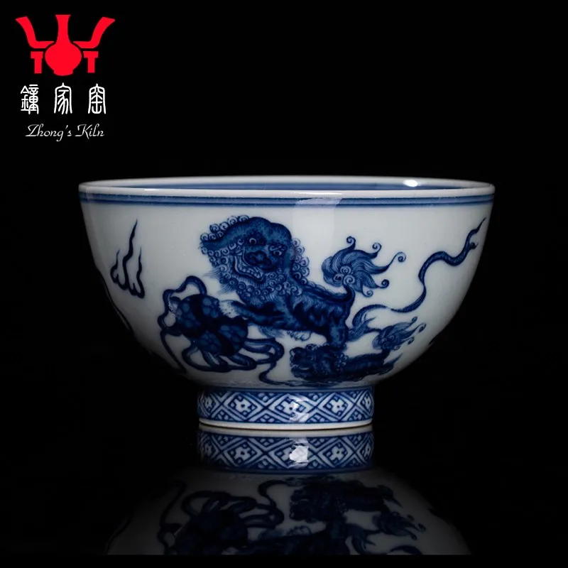 Cup Jingdezhen Tea Set Handmade Blue And White Wood Kiln Lion Roll Hydrangea Master Cup Single Cup