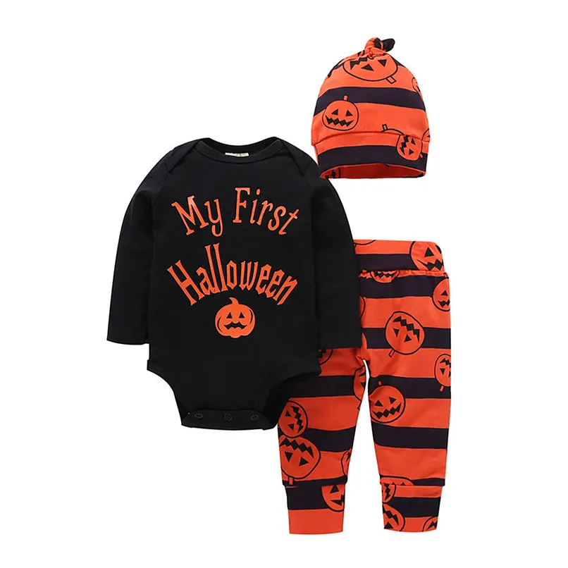 

3pcs/set Romper+Pants+Hat 0-3 Years Halloween pumpkin Baby Toddler Boy Girls Long Sleeve Tops T-Shirt clothes Kids Play Mats