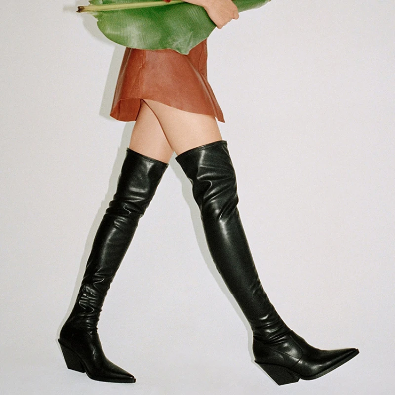 

New Over The Knee Boots Women Cowboy Knight Boots Pointed Toe Thick High Heels Sexy Elastic Thin High Boots Party Shoes Women