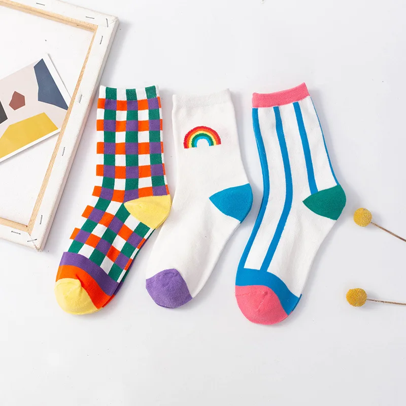 

Sweet Rainbow Striped Plaid Cotton Socks Harajuku Kawaii Contrast Color Casual Sock Cute Women Girl Breathable Happy Funny Soxs
