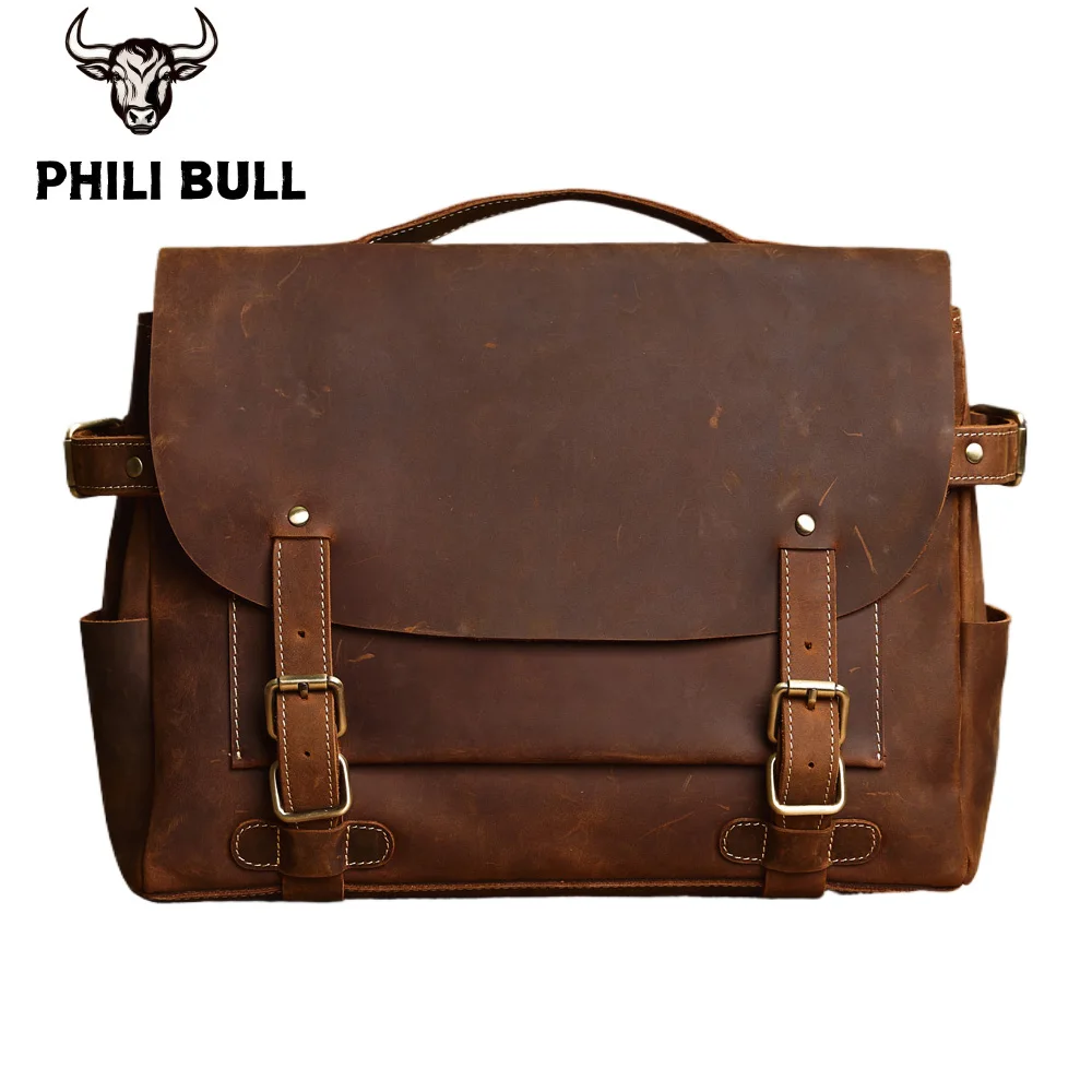 Кожаный мужской портфель Phili Bull Повседневная модная сумка из кожи Crazy Horse