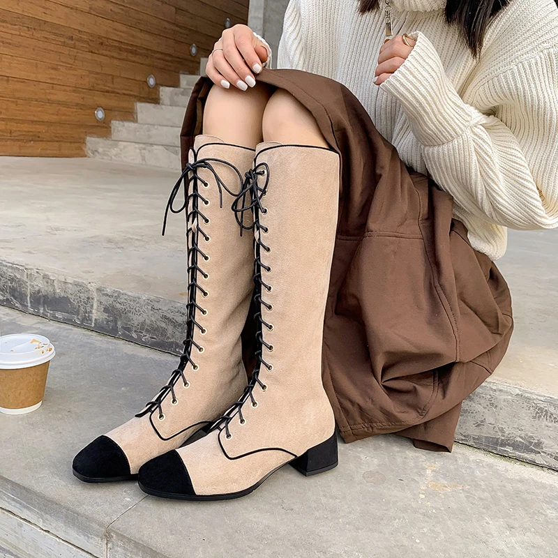 

2022 Autumn and winter Womenknee-high boots natural leather 22-24.5cm kid suede modern boots color-block cross-strap back zip