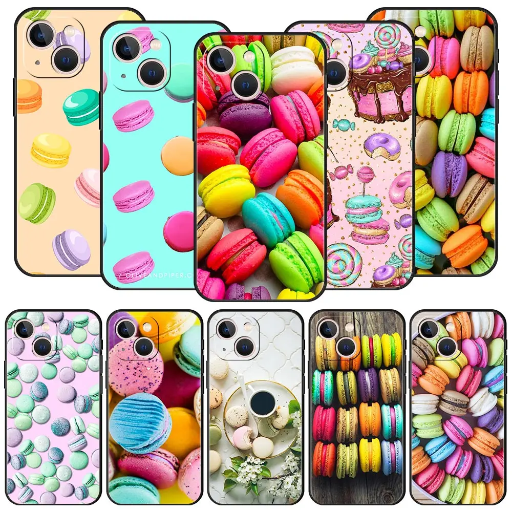 

Macarons Cake Dessert Cute Luxury Phone Case For iPhone 11 12 13 Pro Max Mini X XR XS 7 8 Plus SE 2020 Soft Silicone Black Cover