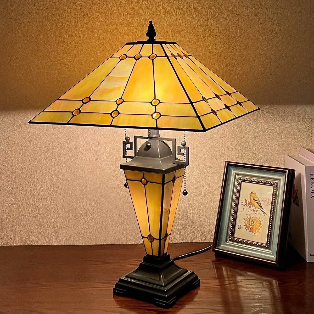 

Tiffany Table Lamp Cream Crytal Stained Glass Lamp Mission Vintage Style Desk Reading Light Decor For Bedroom Living
