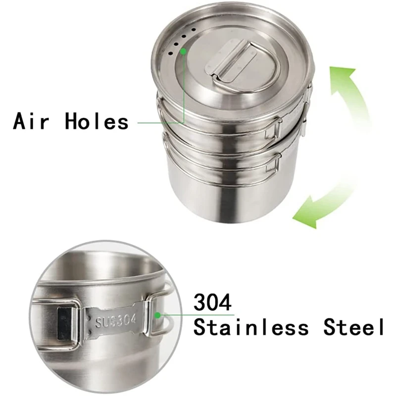 

ELOS-Camping Cups And Mugs Pot 304 Stainless Steel Outdoor Cookware Set With Vented Lid For Backpacking Picnic Hiking
