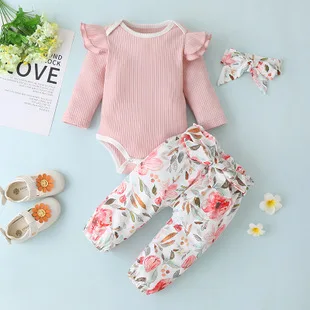 

Children's Clothing Baby Girl Clothes Infant Solid Ruffle Bodysuit Floral Bow Pants + Headband 3PCS Set Toddler Casual Outfits