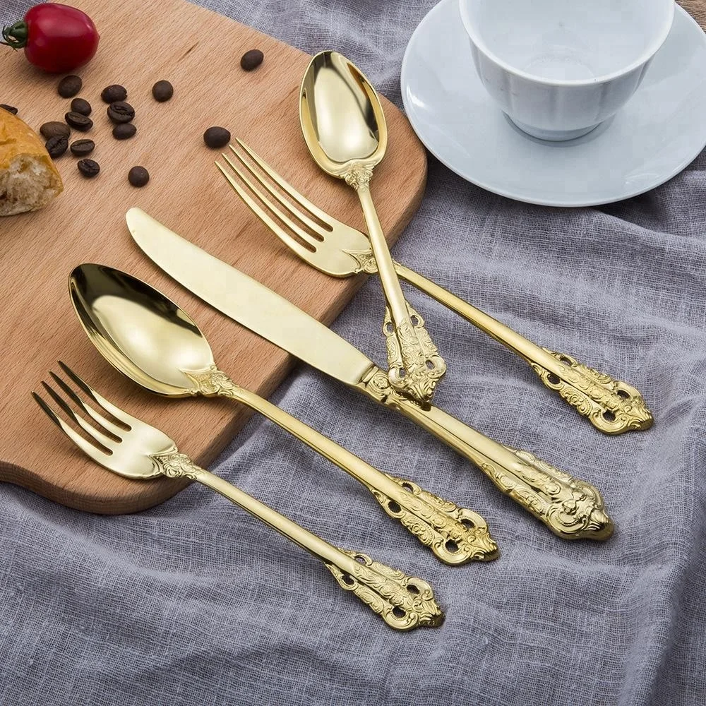 

4PCS High-grade European style Embossed Wedding Gold Silverware Stainless Steel Cutlery Sets Gold Plated Flatware