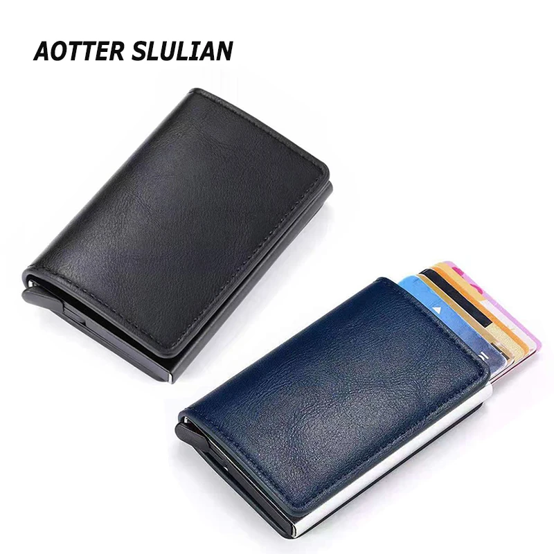 

Men Smart Wallet Rfid Safe Anti-theft Holder Women Small Purse Bank ID Cardholder Metal Thin Case Black PU Leather Card Clip Bag