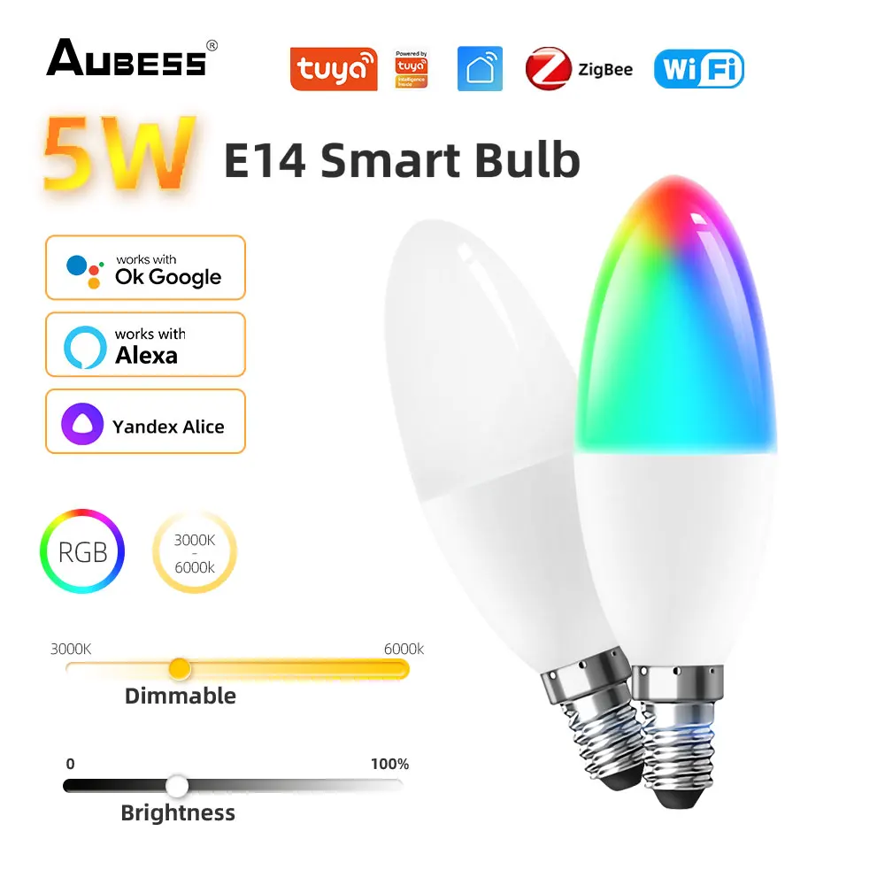 

Умная Светодиодная лампа Tuya E14 Zigbee 3,0 RGB + CCT 5 Вт с регулируемой яркостью, работает с приложением Smart Life Alexa Google Home Яндекс Алисы