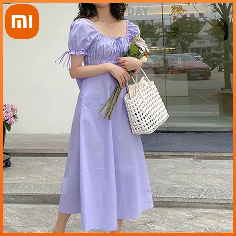 

Xiaomi Sweet Vintage Midi Dress Women Puff Sleeve One-piece Summer Dress Casual Square Collar Sashes Designer Fairy Dress Female