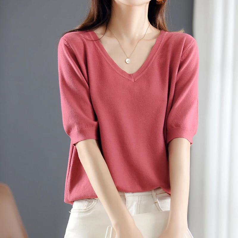 

Bottomed sweater female V-neck Pullover loose casual Korean half sleeve top medium sleeve sweater