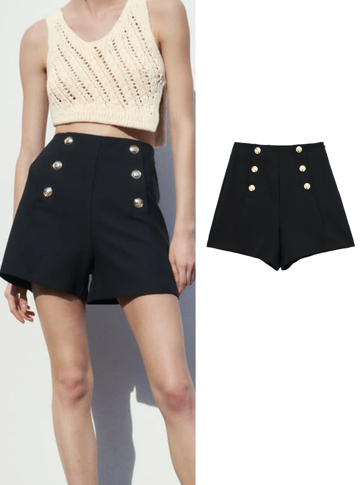 RDMQ 2023 Women Summer Black Shorts Fashion Vintage Causal Side Zipper Fly Short Pant Elegant Button A-Line Mini Shorts
