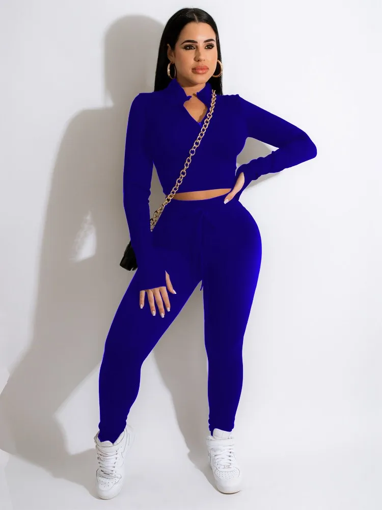 

Two Piece Pant Sets Suits Women Stand Collar Crop Tops And Trousers Outfits Autumn New Fashion Solid Casual Sporty Tracksuit Set