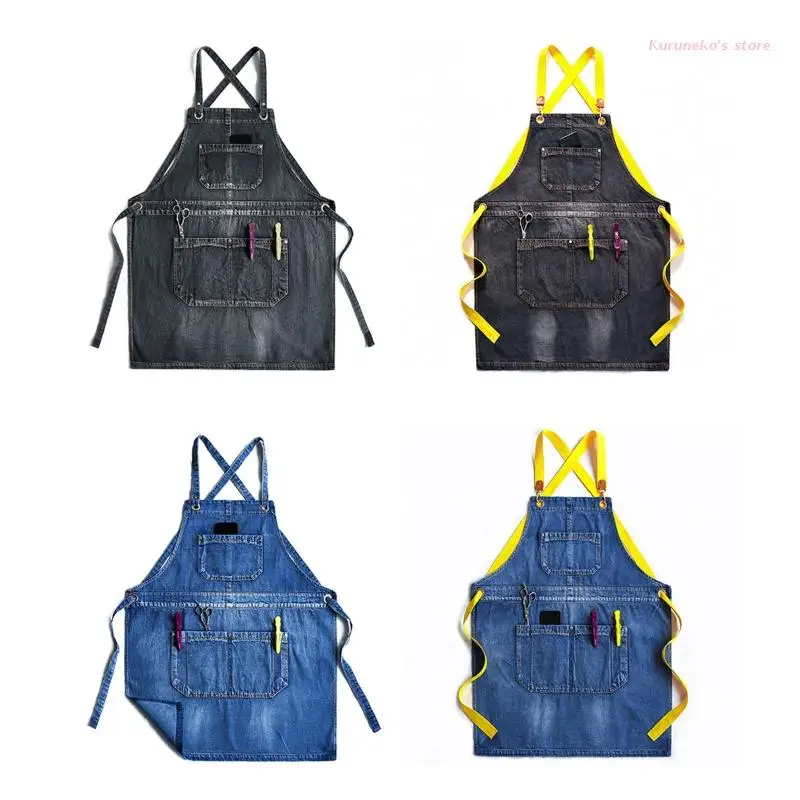 

Neko Women Men Jean Bib Apron Cross Back Adjustable Strap Vintage Washed Denim Work Apron with Pockets for Hair Stylist BBQ