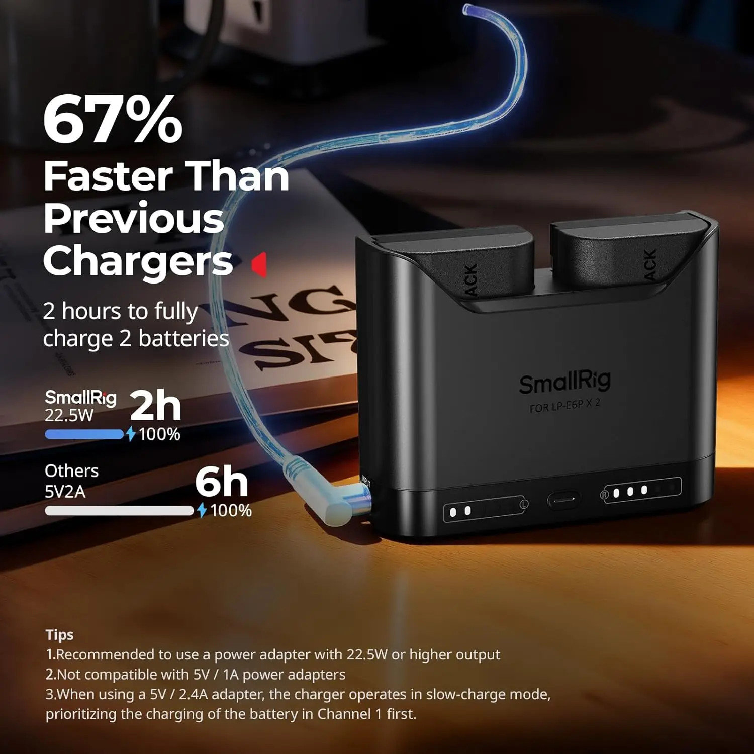 Фото Зарядное устройство SmallRig LP-E6P LP-E6NH LP-E6N LP-E6 с двумя слотами для аккумуляторов Canon EOS R6 Mark III R5 Mark II R7 5D Mark II (2 часа зарядки) №4