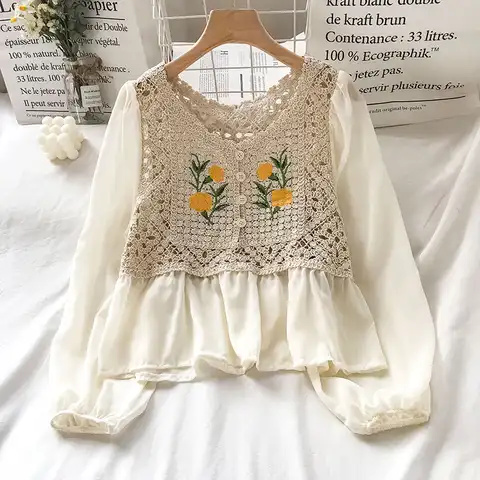 Woman Blouse Women Oversized Blouses Embroidery Long Sleeve Tees Crochet Shirt Floral Crop Top Streetwear Blusas Dropshipping