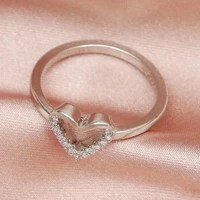 fine romantic hollowed heart silver color clear zircon finger ring for women wedding engagement statement jewelry