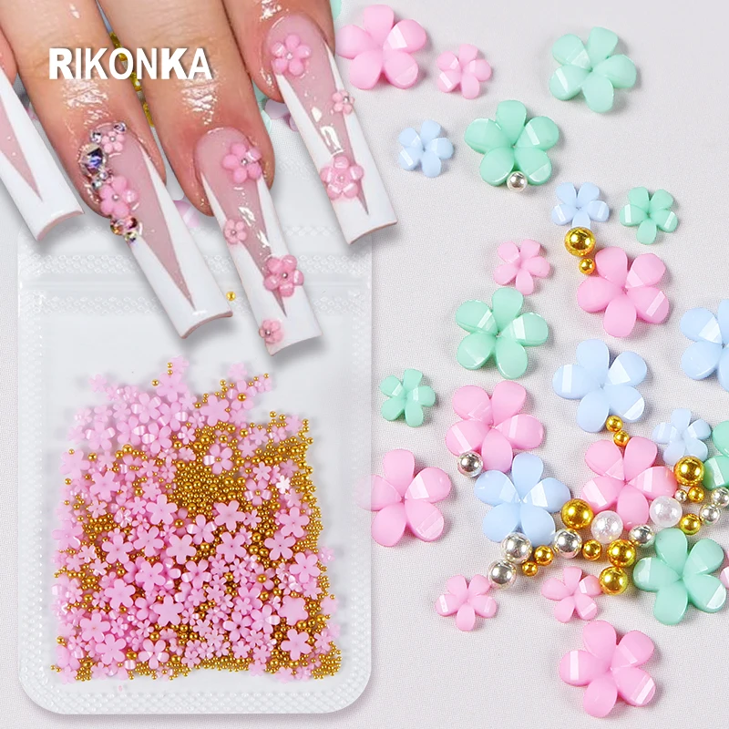 12Bags 3D Flower Acrylic Nail Art Rhinestone Silver Gold Caviar Nail Charms Parts Kit For Gel Manicure Kawaii Accessories Design images - 6