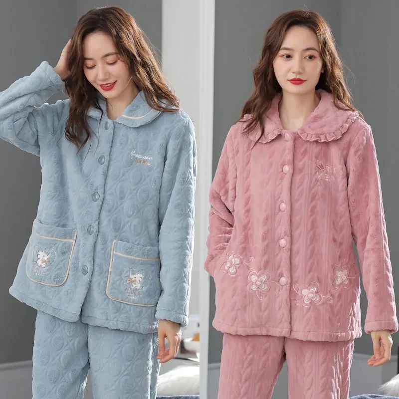 

Coral velvet pajamas Women's 2022 Autumn Winter Female Thicken Warm Flannel Homewear Loose 2-piece pajamas Casual Clothing Sets