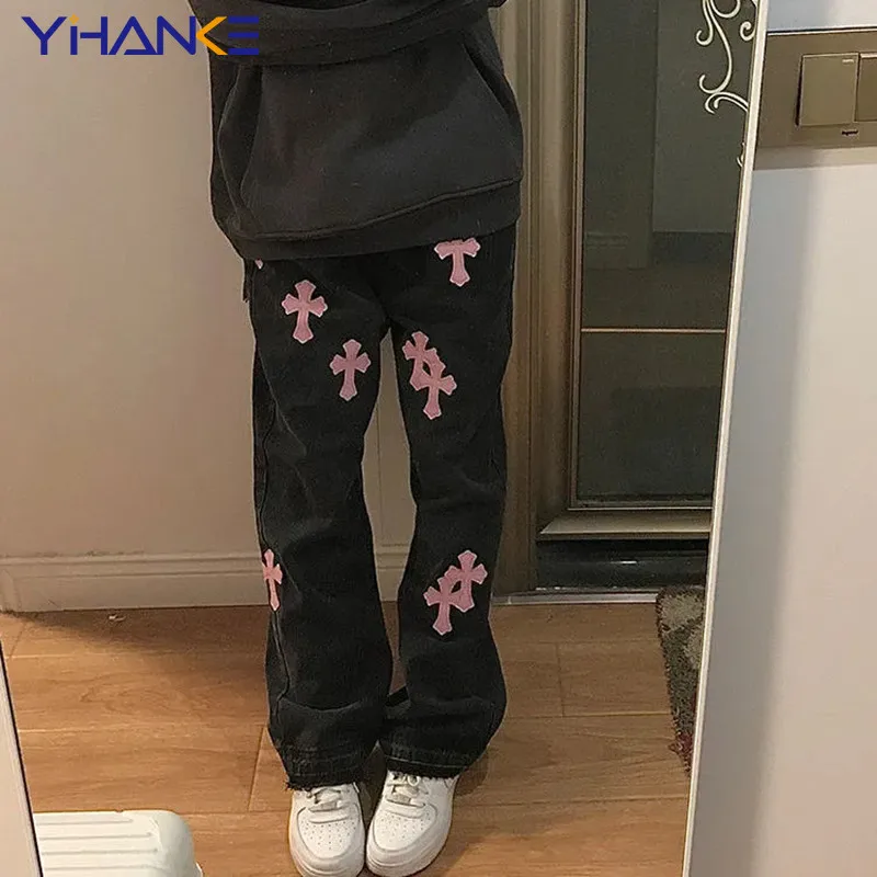 

Streetwear Korean Fashion Versatile Denim Trousers Cross Woman 4XL Size Y2k Straight Baggy Pants Leg Jeans High Waist Jeans