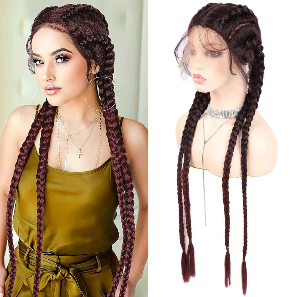 32 Inches Braided Lace Frontal Wigs With Baby Hair Box Braided Twist Synthetic Wigs For Black Women Box Braids Cornrow