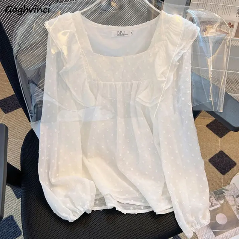 

Блузка женская с круглым вырезом в горошек, универсальная Удобная элегантная свободная Модная рубашка с оборками, с длинным рукавом, в стиле Ins, Ulzzang