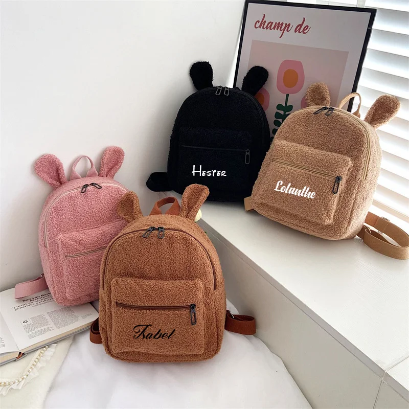 

Personalised Name Rabbit Ear Backpacks Custom Your Text Kid's Back Pack Plush Bag Toy Gifts for Kids Girls Baby Double Layer