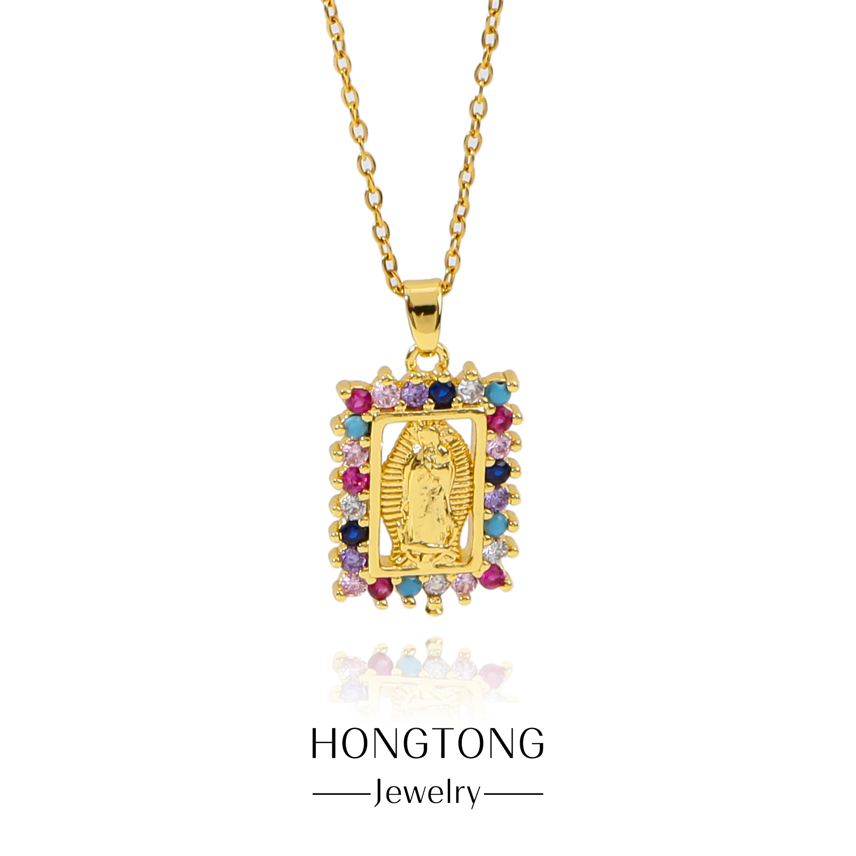 

HONGTONG Colorful Zircon Random Inlaid Square Hollowed Out Pendant Mother Of God Religious Belief Stainless Steel Necklace