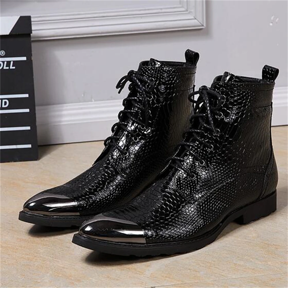 

Black With Metal Patent Leather Cross-Tied High Heels Pointed Toe Boots Male Plus Size Party Wedding Business Dress Shoes