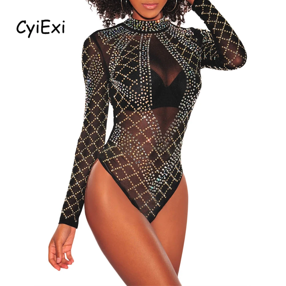 

CyiExi черные стразы шипованные сексуальные женские боди с длинным рукавом прозрачные сетчатые Боди женские обтягивающие боди Топы Клубная о...