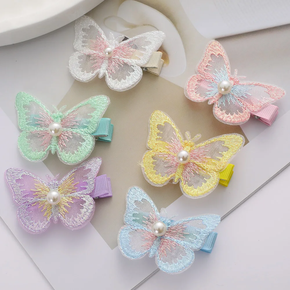 

Wholesale 100pcs Butterfly Hairpin Fairy Cute Side Clip Magic Color Double-layer Organza Embroidered Butterfly Hair Accessories